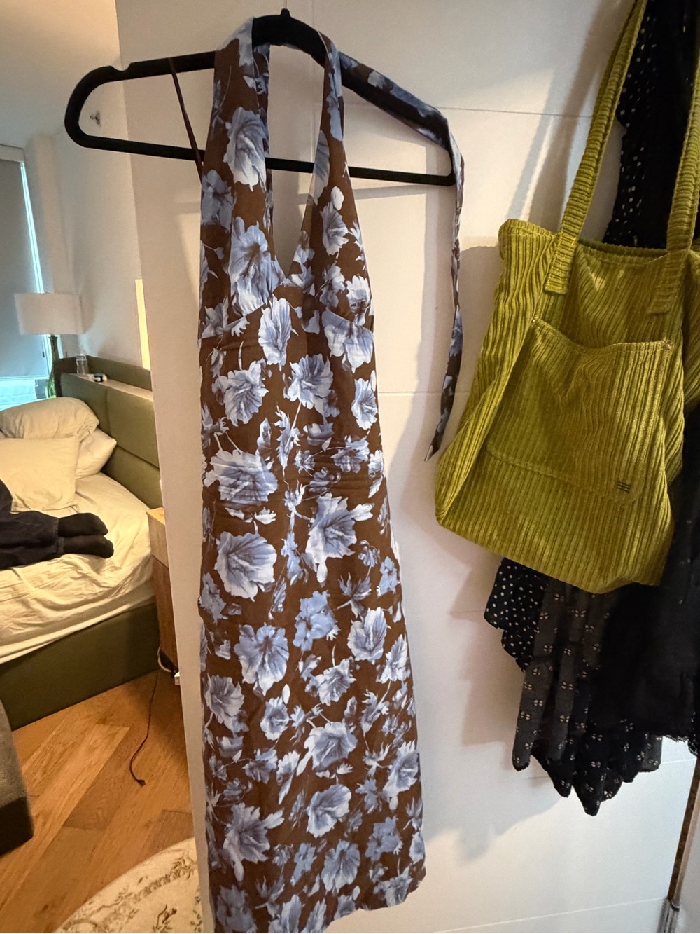 Brown Floral Halter Midi Dress with Light Blue Flowers